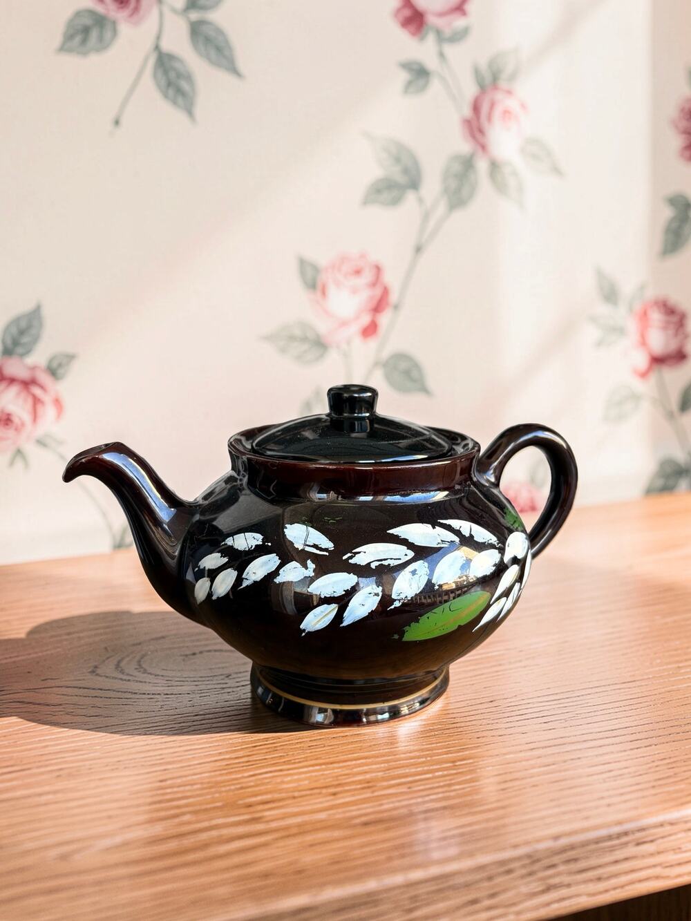 Vintage Canadian Pottery Brown Ceramic Teapot Hand Painted Leaves 10"